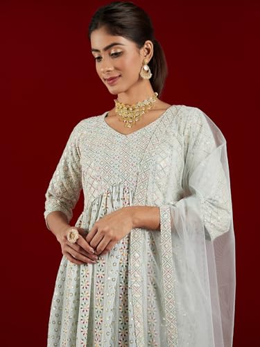 Image of Libas Art Womens Embroidered Georgette A Line Kurta With Palazzos and Dupatta | ethnic wear | bridal suit | wedding dress | occasion wear