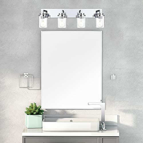 Image of MELUCEE 4-Light Bathroom Lighting, Modern Chrome Vanity Light Fixture Over Mirror, Industrial Wall Mount Light with Clear Glass Shade for Bath Kitchen Living Room