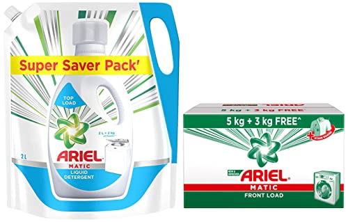 Image of Ariel Matic Front Load Detergent Washing Powder - 5kg Plus 3kg & Matic Liquid Detergent Top Load Refill Pouch, 2 Litre