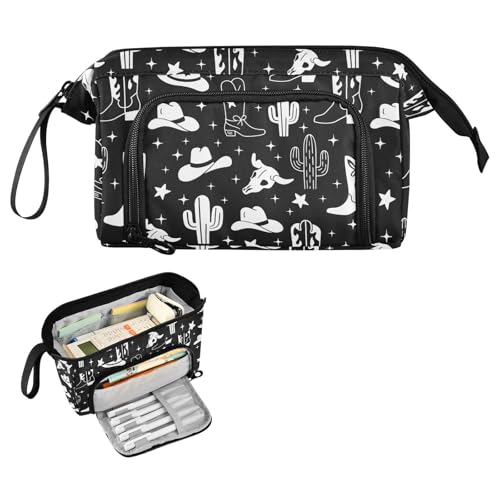 Image of Western Cowboy Black Pencil Case Pouch Big Capacity Pencil Bag Box Organizer Pen Case with Zipper Pencil Boxes for Girls Boys Women School College Office