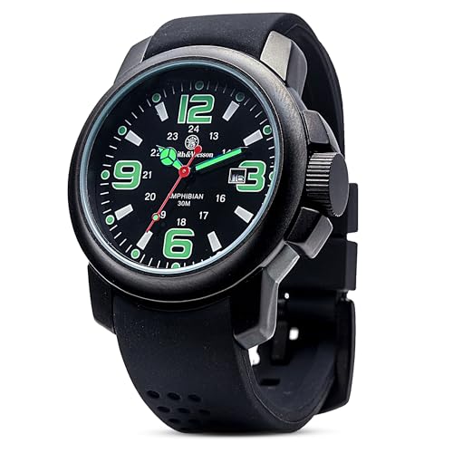 Smith & Wesson Men's Amphibian Commando Watch, 3ATM, Date Display, Glowing Hands, Luminous, Water Resistant, Japanese Quartz Movement, 24-Hour Format, Scratch Resistant Glass, Tactical Watch, Rubber Strap, Black, 46mm, Christmas Gift