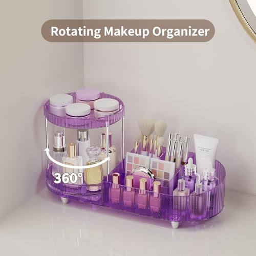 Image of 360 Rotating Vanity Makeup Organizer, 2 Small Trays & 5 Compartments for Cosmetics, Skincare, Perfume, Lipstick & Make up Brushes Holder, Purple Countertop Organizers and Storage for Dresser, Bathroom