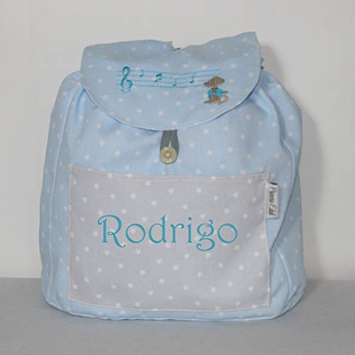 Mochila ratón músico  azul gris  confeccionada en pique y personalizada con nombre