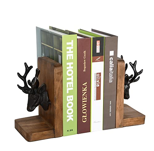 Image of Vintage Cast Iron Deer Head & Antlers Design Decorative Elk Bookends for Shelves, Buck Book Holders, Reindeer Book Organizer, L-Shaped Wooden Desk Organizer, Heavy Duty Non-Skid Bookends (1 Pair)