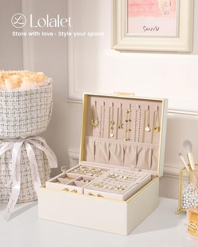 Lolalet Jewelry Box for Women Girls, 2 Layer Jewelry Organizer -Cream — view 6