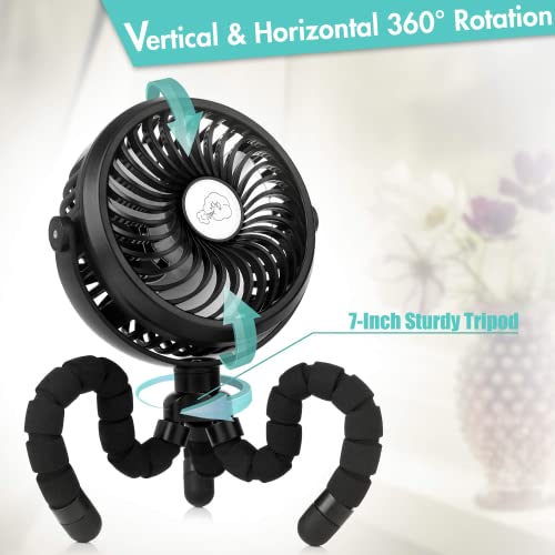 Ventilateur Polyvalent Silencieux,Ventilateur à Pince avec Veilleuse, Ventilateur à Batterie de 2600 mAh avec Trépied Flexible, Ventilateur USB Rotatif à 360 ° pour Poussette, Siège d'Auto, Tente