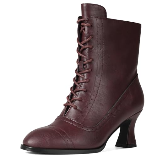 Erocalli Ankle Boots For Women Renaissance Victorian Boot Side Zipper Burgundy Witch Pirate Goth Witch Vintage 70s Lace up Granny Booties Costume Shoes