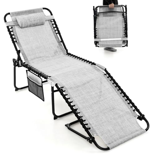COSTWAY Folding Chaise Lounge Chair, Foldable Pool Lounger with 4-Position Adjustable Backrest, 2-Position Footrest, Side Pocket & Soft Pillow, Patio Tanning Chair for Beach, Poolside (1, Grey)