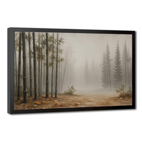 Toile forêt de pins brumeux Mnyuein cadre noir tableau paysage décoration murale