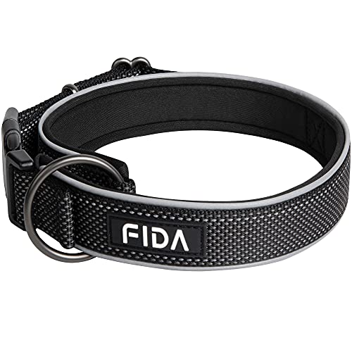 Fida Comfort Dog Collar, 360° Full Surround Ultra Soft Neoprene Padded, Heavy Duty Adjustable Reflective Weatherproof Pet Collar for Medium Breeds (M, Black)