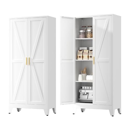 Image of Kitchen Pantry Cabinet with Barn Doors,61 inch H x 27.5 inch W,Metal Farmhouse Storage Cabinet with Adjustable Shelves,4-Tier Storage Cabinet for Kitchen Dining Room Garage Office,White 1 Pack