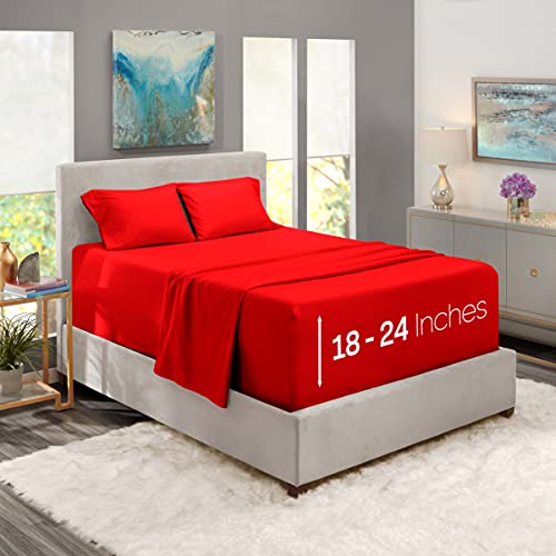 Image of Nestl King Bed Sheet Set - Red - 4-Piece Extra Deep Pocket | Instantly Soft, Night-One Ready (No Wash Required). Fits Extra Deep Pockets up to 24 Inches, 360-Degree Elastic Grip