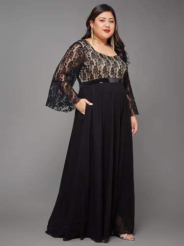 Image of Miss Chase A+ Women's Floral Printed Relaxed Fit V -Neck 3 /4Th Sleeve Georgette Maxi Dress