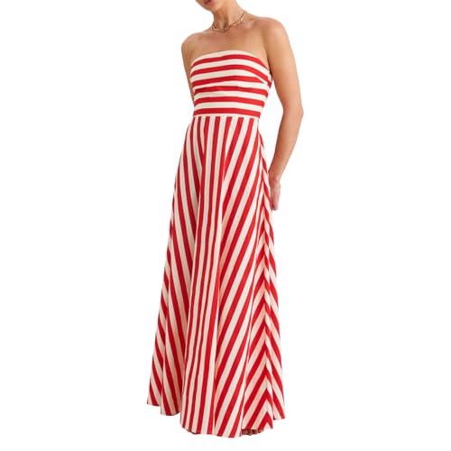 HodJIU Vestido largo a rayas sin tirantes para mujer, vestido largo sin mangas, vestido de verano casual con bolsillos, rojo y blanco, M