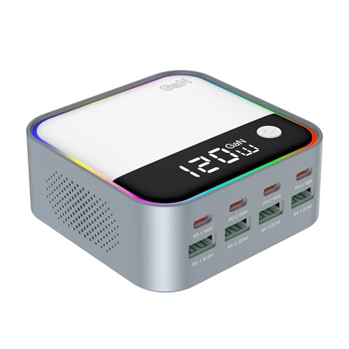 120W GaN USB C Charger Block Fast Charging, MultiPort USB Charging Station with Rainbow Gradient Light & LED Display for iPhone, Samsung Galaxy, iPad, Tablet, Laptop, Drones, Headphones