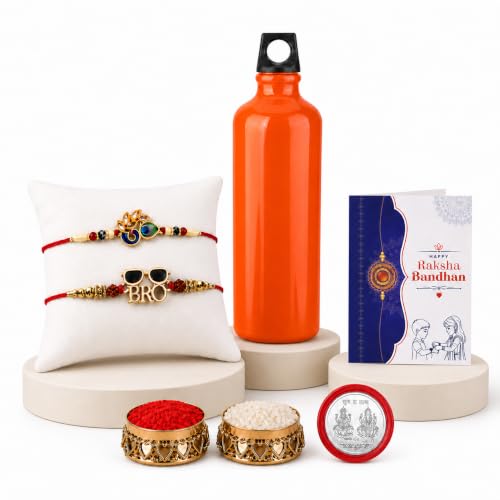Image of Oblivion Rakhi Set of 2 for Brothers with Reusable Orange 750ml Water Bottle, Om Peacock Feather and BRO Sunglasses Rakhi, Roli Chawal, Shagun Coin and Greeting Card