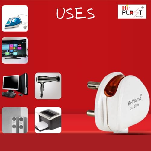 Image of HI-PLASST (Pack of 1) 6a 3 Pin Plug top 240v with Led Indicator for products like LED Tv,Music system,Computer,Printer,ETC.