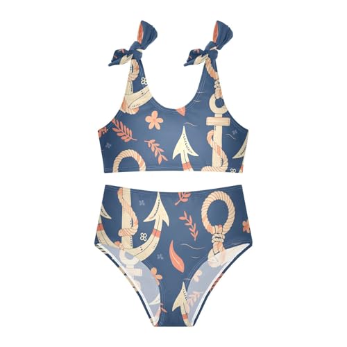 Navy Blue Striped Rope and Ocean Girls 2 Piece Kids Bikini Set Quick-Dry Bathing Suit Swimming Suits Adjustable Strap3