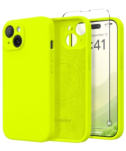 Image of Magnetic for iPhone 13 Case, Compatible with MagSafe, [Full Camera Protection] [Screen Protector] Silicone Shockproof Protective Phone Case for iPhone 13 6.1 inch, Fluorescent Green
