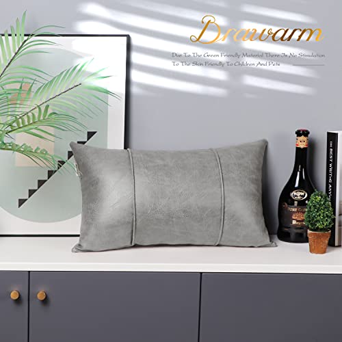 Image of BRAWARM Gray Leather Throw Pillow Covers 12 X 20 Inches - Faux Leather Lumbar Pillow Cover with Piping, Hand Stitched Leather Throw Pillow for Couch Sofa Bed Living Room Home Decorative