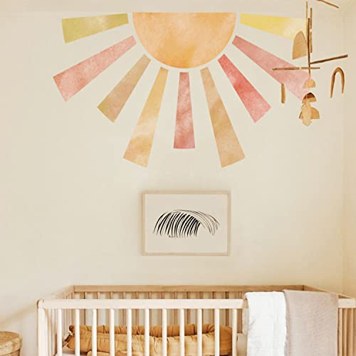 Image of astrkiz Large Fabric Watercolor Boho Half Sun Wall Decal Peel and Stick, Pastel Sunrise Backdrop Murals Stickers, Sunshine Wall Art Decor for Kids Room Playroom Nursery Bedroom, 48.03" x 28.74"