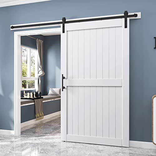EaseLife 48 x 84 inch White Barn Door with 8FT Sliding Door Hardware Kit Included & Handle Solid Wood Covered with Waterproof PVC Surface DIY Assemblely Easy Install H-Frame Fit 44-46in Wide Opening