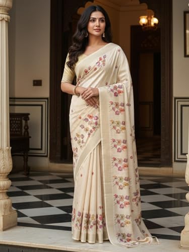 Image of AKHILAM Women's Cotton Silk Floral Printed Saree With Unstitched Blouse Piece (VAISHALI101 SU Parent)