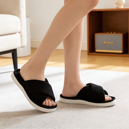 NineCiFun Womens Fuzzy Open Toe Slippers House Shoes Black 7 8 — view 2