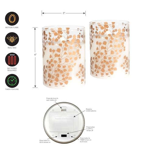 Image of LumaBase Battery Operated LED Glass Candles with Flickering Flame, Gold Fern - Set of 2