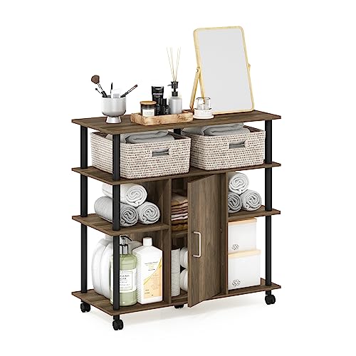 Image of Furinno Helena 4-Tier Multifunction Rolling Open Shelves Storage Cart Organizer, Columbia Walnut /Black