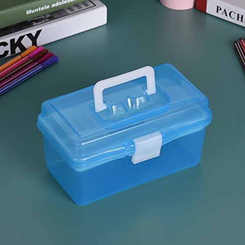 Image of Storage Container Organizer 2 Layer Stackable Portable Plastic Bin with Handle for Stationery Sewing Jewelry Beauty Supplies (Blue)