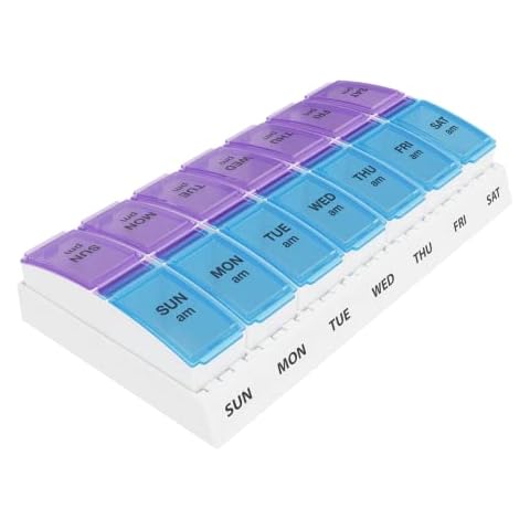 Ezy Dose Travel Weekly (7-Day) AM/PM Pill Box, Vitamin and Medicine Organiser, Small Compartments, 2 Times a Day, Assorted Colors Cover