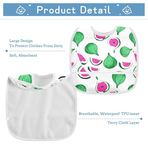 MCHIVER Fig White Baby Bibs for tag1 Waterproof Feeding Bib Apron with Food Cather Adjustable Cotton Food Eating Bib 2 Pack3