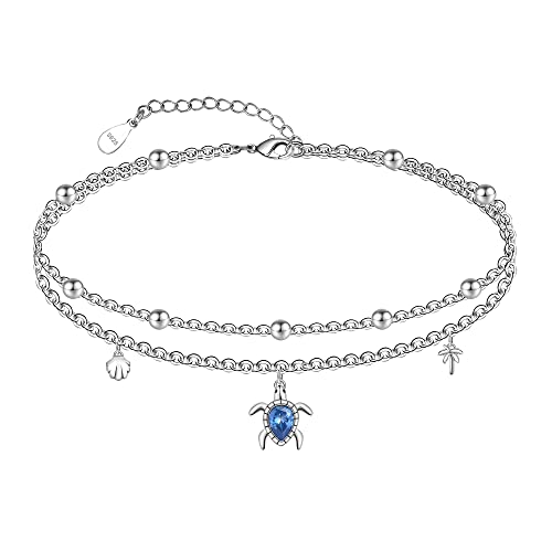 CHIC & ARTSY Women Anklets S925 Sterling Silver Cute Animal Layered Anklet Bracelet Adjustable Multilayer Beach Anklet Bracelet Summer Foot Jewelry Cable Chain 10-11 Inches