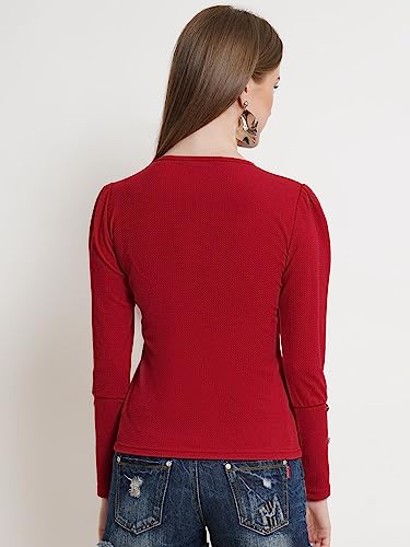 Image of POPWINGS Casual Solid Puff Button Long Sleeves Top for Women || Summer Round Neck Stylish Western Top for Jeans