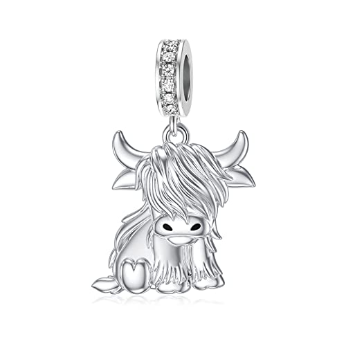 Sterling Silver Highland Cow Birthstone Charm for Bracelet - Cow Lover Gift for Women