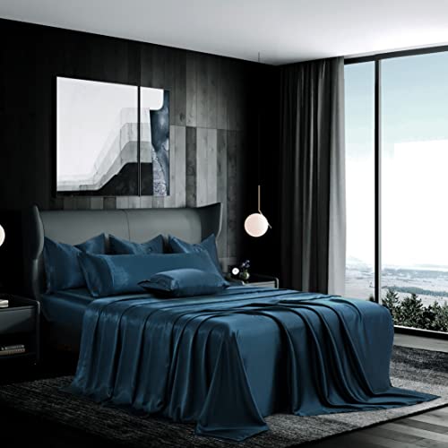 Manyshofu 7Pcs Navy Satin Sheets California King Silky Satin Bed Sheets Set, Luxurious & Soft Satin Bedding Set - 1 Satin Fitted Sheet, 1 Satin Flat Sheet, 4 Satin Pillowcases + 1 Body Pillow Case #TOP2