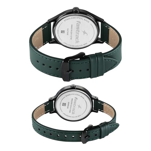 Image of Fastrack Mixmatched Quartz Analog Black Dial Green Leather Strap Watch for Couple