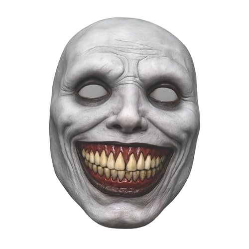 Lotnery Realistic White Exorcist Smile Mask - Creepy Full Head Latex Horror Face for Halloween Cosplay Props, Costume Parties and Scary Accessories