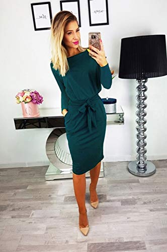 PRETTYGARDEN Women's 2020 Casual Long Sleeve Party Bodycon Sheath Belted Dress with Pockets (Y-Dark Green, Small)