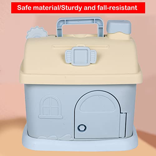 Image of WISHKEY House Shaped Piggy Bank for Kids, Money Saving Box Money Bank Container with Handle and Keys Cute Piggy Bank with Lock,ATM for Real Money, Gifting Item for Kids (Pack of 1, Blue)