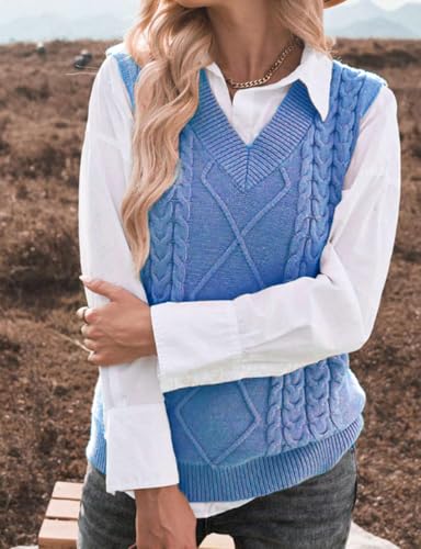 Image of Women's Sweater Vest,Long Cable Loose Knitted Sleeveless V Neck Casual Sweaters Tank Top S~XL
