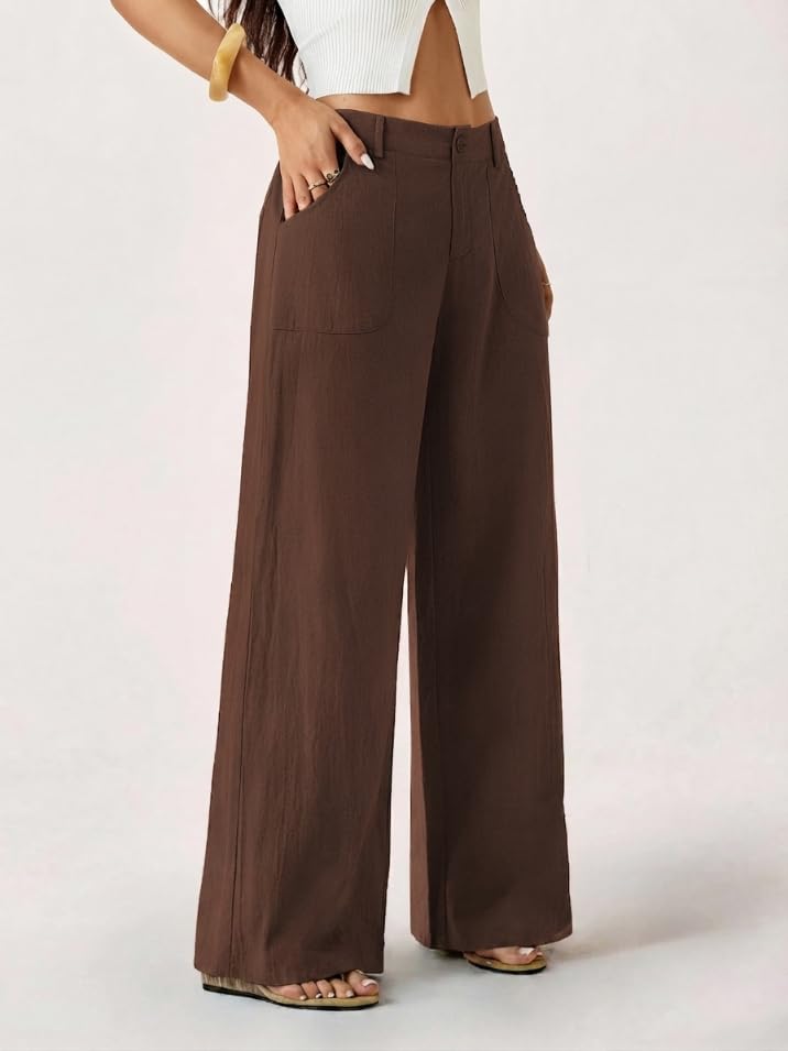 Image of GRECIILOOKS Beige Wide Leg Linen Trousers for Women | High Waist Cotton Baggy Korean Style Casual Pants | Comfortable Formal & Casual Women Trousers