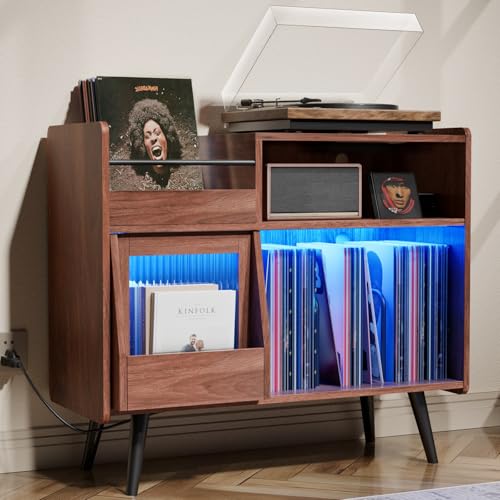 Loomie Upgraded Large Record Player Stand,Turntable Stand Shelf with with Power Outlet and LED Light,Vinyl Record Storage Cabinet Up to 350 Albums, Wood Record Player Holder Table for Living Room