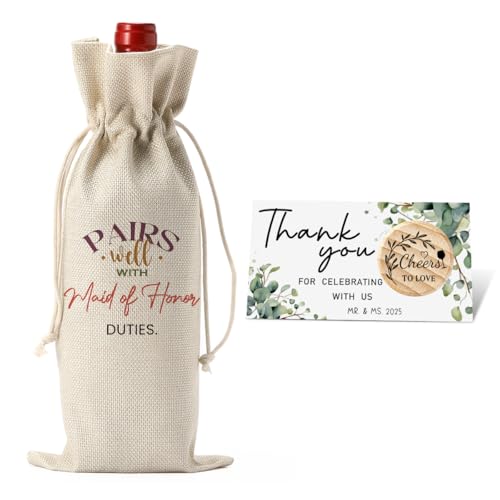 Image of Maid of Honor Bridesmaid Proposal Gifts Maid of Honor Bridesmaid Wine Bag | Wedding Engagement Gift Wine Bottle Bag Pairs Well with Maid of Honor Wine Bags with Thank You Card And Stopper