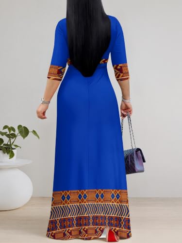 Image of PinkPatty Plus Size Maxi Dress for Women Casual V Neck 3 /4 Sleeve Boho Printed Long Dress with Pockets