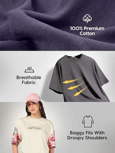 Image of Bewakoof Women's 100% Cotton Graphic Print Oversized Fit Round Neck T-Shirt
