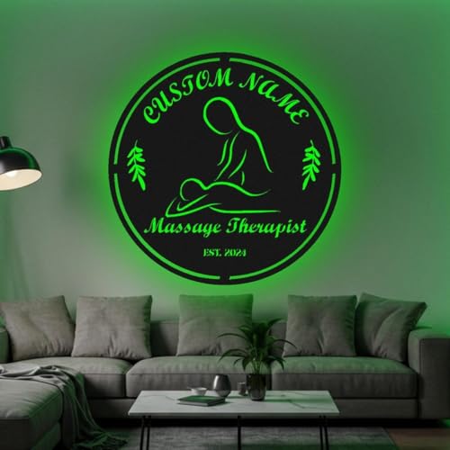 Custom Massage Therapist LED Light Metal Wall Art, Personalized Spa Therapist Name Sign, Massage Therapy Office Decor, Relaxation Studio Wall Hanging, Custom Circle Sign For Spa Room Or Home