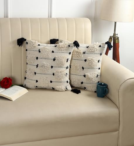 Image of TIB Premium Boho Decorative Throw Cushion Covers, 16 x 16 cm, Set of 2, Cotton. (Cream & Black Dots)-230 TC