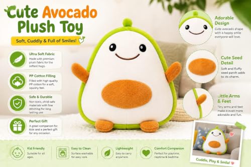 Image of Avocado Plush Soft Toy Cute & Soft Stuffed Fruit Toys for Kids, Girls, Boys | Kawaii Cuddly Toy Pillow | Birthday Gift, Home Decor, Baby Sleeping Toy 25CM